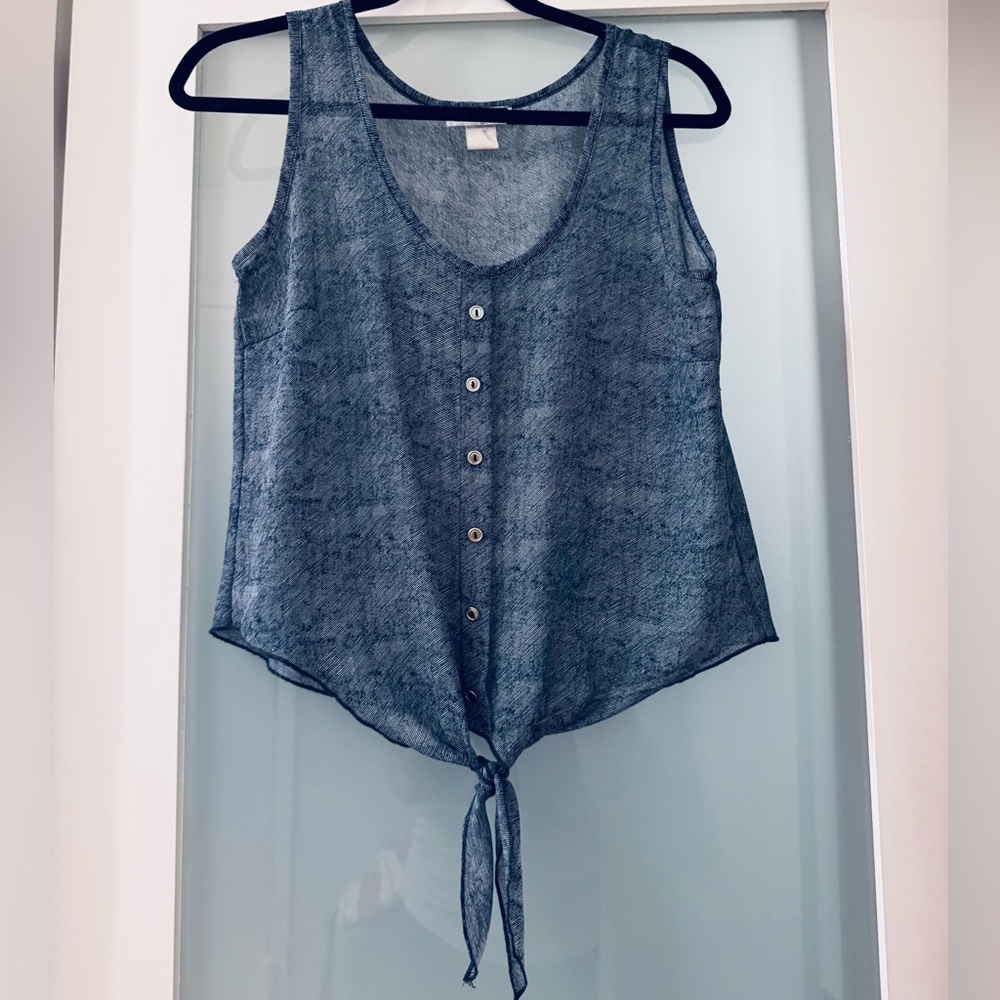 Sheer denim print tie front tank